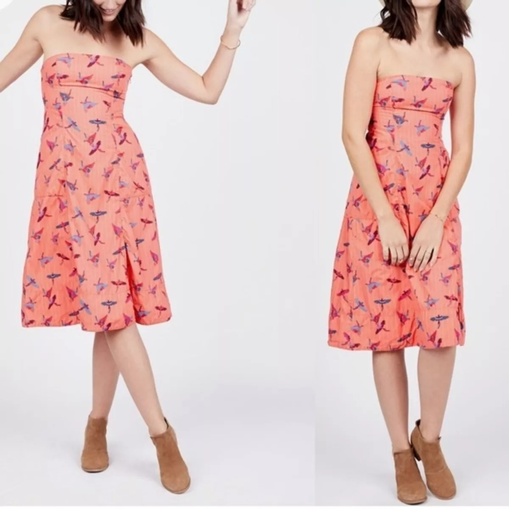 Free People Coral Strapless Sunshine of Your Love Bird Dress 2 NEW